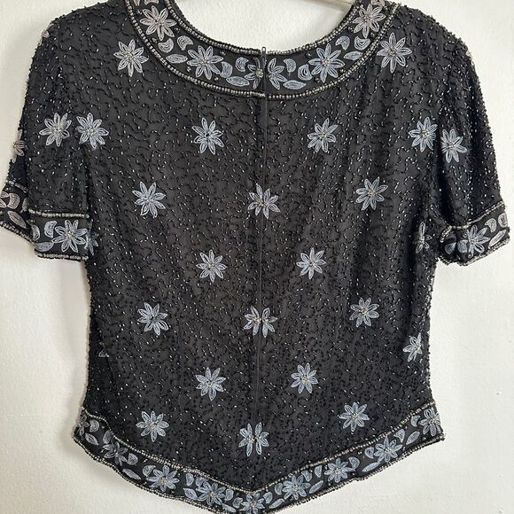 Black Vintage 80s beaded Cote d’Azur short sleeve top - Picture 2 of 5